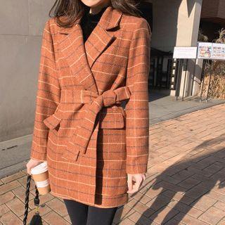 Open-front Plaid Blazer With Sash