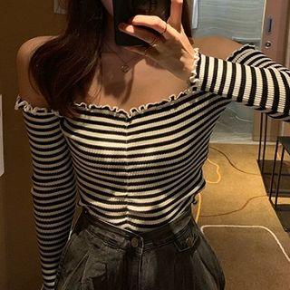 Long-sleeve Striped Off Shoulder T-shirt