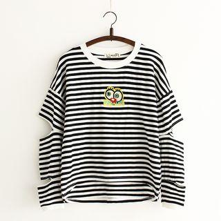 Patch Embroidered Striped Ripped Long Sleeve T-shirt