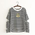 Patch Embroidered Striped Ripped Long Sleeve T-shirt