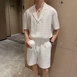 Set: Short-sleeve Notch Lapel Shirt + Drawstring Shorts