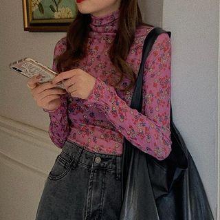Long-sleeve Sheer Floral Print Turtleneck Top