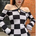 Long-sleeve Check Slim-fit Halter Dress