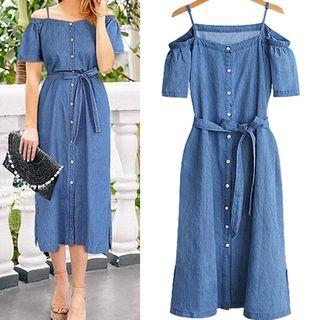 Short-sleeve Cold Shoulder Denim Dress With Sash