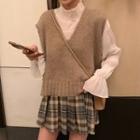 Bell-sleeve Blouse / Knit Vest / Plaid Mini A-line Skirt
