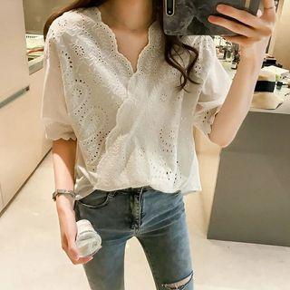 Elbow-sleeve Eyelet Lace Panel Blouse