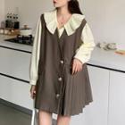 Long-sleeve Frill Trim Blouse / Pleated Button Vest