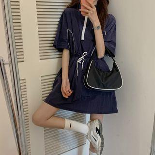 Short-sleeve Contrast Trim Drawstring Mini A-line Dress