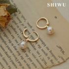 925 Sterling Silver Layered Ring / Faux Pearl Ring 1 Pair - Gold - One Size