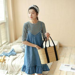 Set: Striped Elbow Sleeve T-shirt + Spaghetti Strap Dungaree Dress