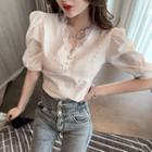 Lace Trim Panel Puff-sleeve Top