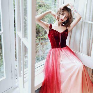 Tie-shoulder Glitter Panel A-line Mesh Evening Gown