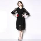 Bell-sleeve Tie-neck Lace Dress