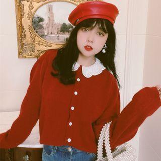 Embroidered Collar Cardigan Red - One Size