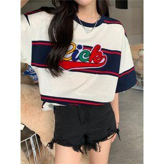 Elbow-sleeve Lettering Striped T-shirt Stripe - Navy Blue & White - One Size