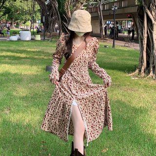 Long-sleeve Floral A-line Dress Floral - Red - One Size