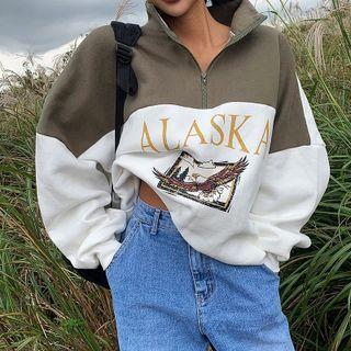 Lettering Print Half-zip Long-sleeve Sweater