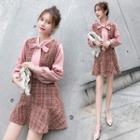 Tie-neck Long-sleeve Mini Tweed Dress