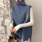 Turtle-neck Sleeveless Rib-knit Top Blue - One Size