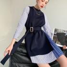Color-block Striped Lace-up Long-sleeve Dress