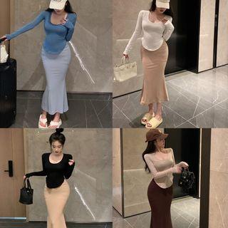 Long-sleeve Scoop Neck T-shirt / Spaghetti-strap Midi Sheath Dress