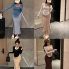 Long-sleeve Scoop Neck T-shirt / Spaghetti-strap Midi Sheath Dress