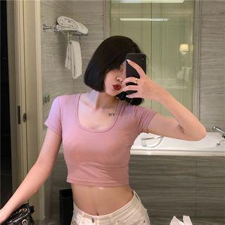 Plain Short-sleeve Slim-fit Cropped T-shirt