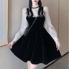Long-sleeve Mock-neck Dotted Blouse / Embellished Mini A-line Overall Dress