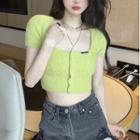 Short-sleeve Square-neck Knit T-shirt Green - One Size