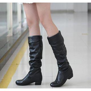 Faux-leather Low-heel Long Boots