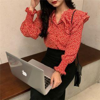 Floral Ruffle Trim Blouse Cherry Red - One Size