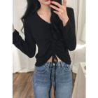 Padded-shoulder Drawstring-front Top