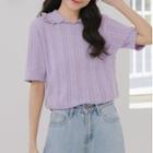 Elbow-sleeve Collared Pointelle Knit Top