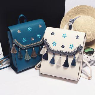 Floral Embroidered Tasseled Faux Leather Backpack