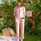 Puff-sleeve Pocket-detail Buckled Jumpsuit Pink - One Size