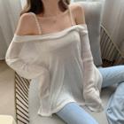 Faux Pearl Cold-shoulder Long-sleeve Top