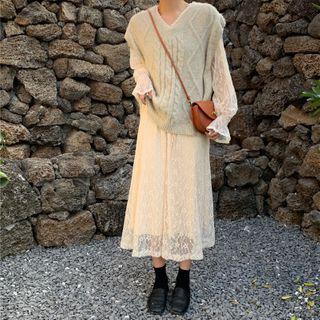 Lace Long-sleeve Midi Shift Dress / Cable-knit Vest