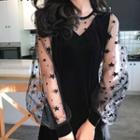 Star Print Mesh Panel Long Sleeve Velvet Dress