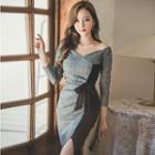 Color Block V-neck Long-sleeve Sheath Dress