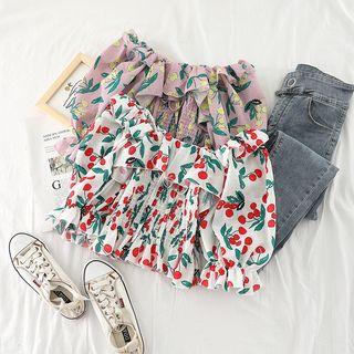 Cherry Print Off-shoulder Elbow-sleeve Blouse