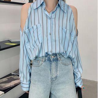 Cold Shoulder Striped Shirt Stripe - Blue - One Size