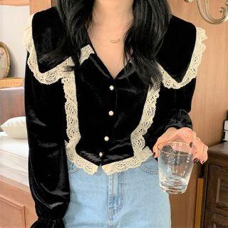 Wide Collar Lace Panel Velvet Blouse Black - One Size