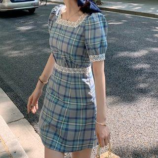 Balloon-sleeve Plaid Lace Trim A-line Dress