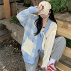 Plaid Panel Cable-knit Cardigan Off-white & Blue - One Size