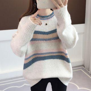 Color-block Long-sleeve Knit Sweater Almond - One Size