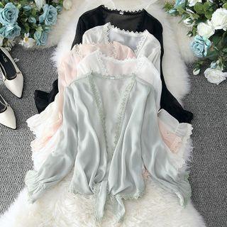 Bell-sleeve Eyelet Trim Open-front Jacket
