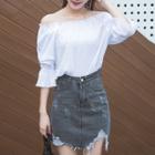 Set: Elbow-sleeve Off Shoulder Top + Ripped Fitted Mini Denim Skirt