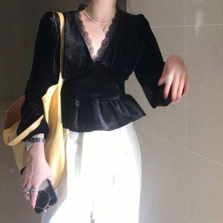 Long-sleeve Peplum Velvet Blouse
