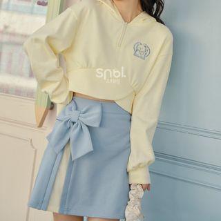 Cartoon Print Cropped Hoodie / Bow Mini Skirt
