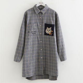 Plaid Cat Embroidered Long-sleeve Shirtdress Gray - One Size